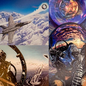 May include: A collage of three images. The top image shows a fighter jet flying through clouds. The middle image shows a fighter jet cockpit with a view of the clouds below. The bottom image shows a pilot wearing a helmet and goggles with a galaxy-like design.
