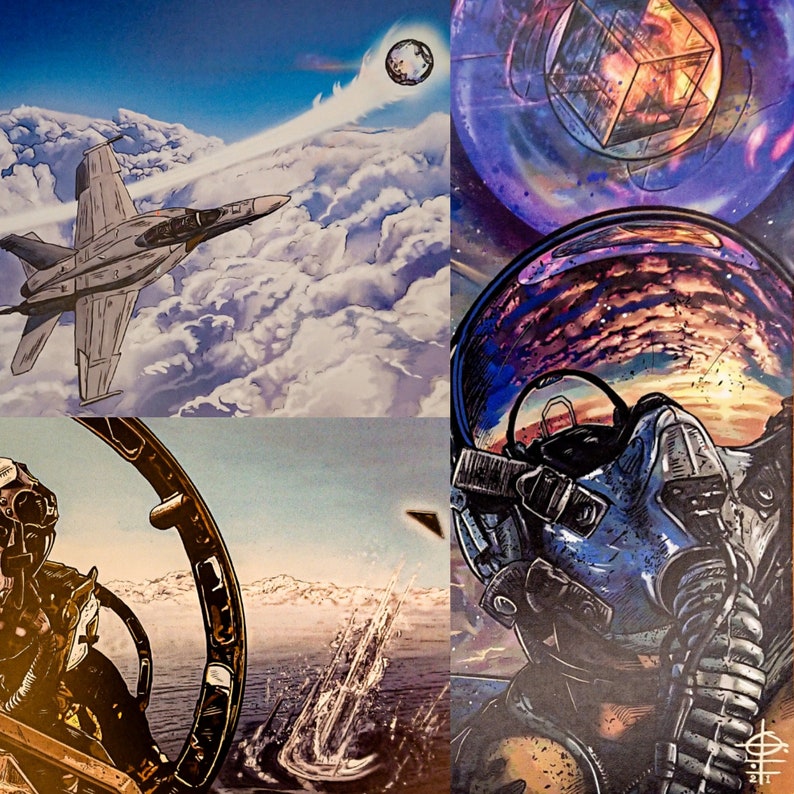 May include: A collage of three images. The top image shows a fighter jet flying through clouds. The middle image shows a fighter jet cockpit with a view of the clouds below. The bottom image shows a pilot wearing a helmet and goggles with a galaxy-like design.