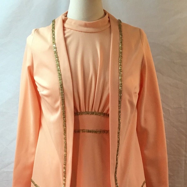 Vintage 1960s Peach Knit Long Evening Dress And Jacket With Gold Beaded Trim Size XS