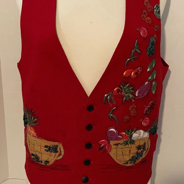 Vintage Hand Painted Red Menswear Vest With Vegetable Basket Design