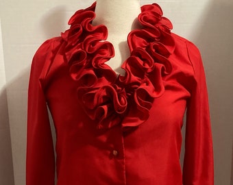 Vintage Red Ruffled Miss H Hochberg Clothing Co. Long-Sleeved Polyester Blouse Ruffled Collar Blouse Secretary Blouse