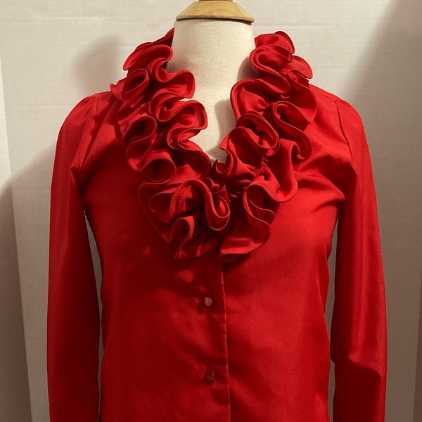Vintage Red Ruffled Miss H Hochberg Clothing Co. Long-Sleeved Polyester Blouse Ruffled Collar Blouse Secretary Blouse