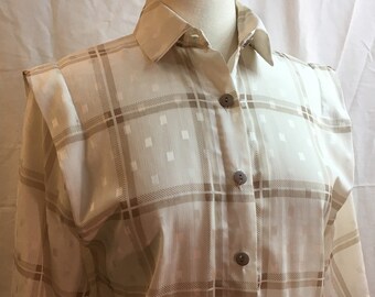 1980s Dress New Wave Drop Waist Beige White Windowpane Plaid Extended Shoulders Sheer Dress Secrets Label
