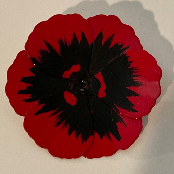 Vintage Enamel Poppy Brooch Red And Black Flower Pin Large Flower Brooch