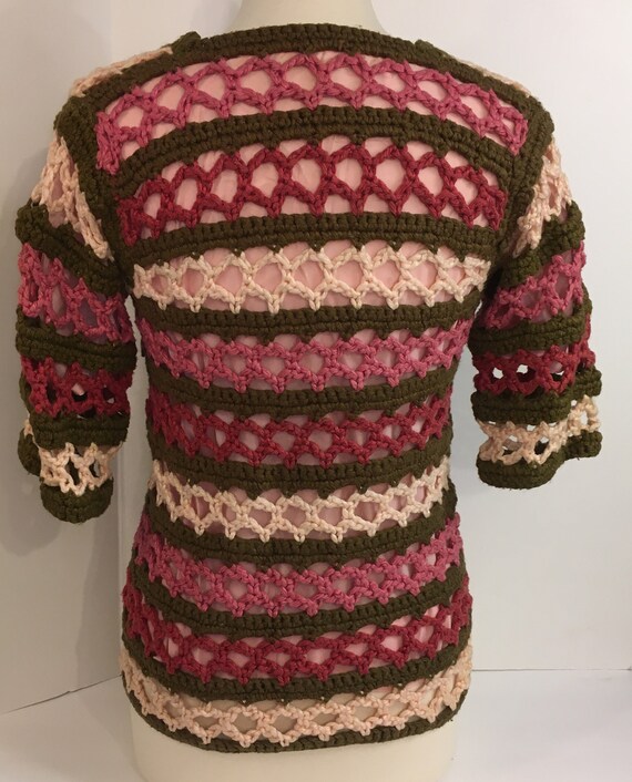 Crocheted Sweater Vintage Handmade 1970s Pink Bro… - image 3