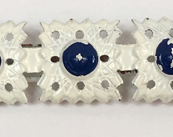 Vintage 1940s White And Blue Rectanglar Painted Perforated Metal Hair Barrette