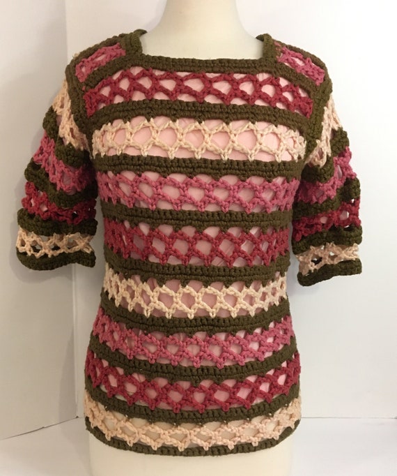 Crocheted Sweater Vintage Handmade 1970s Pink Bro… - image 1