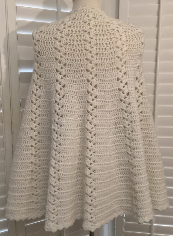 Vintage White Crocheted Long Buttoned Cape Shawl … - image 4