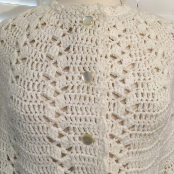Vintage White Crocheted Long Buttoned Cape Shawl … - image 6