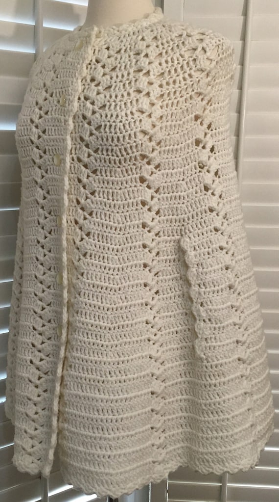 Vintage White Crocheted Long Buttoned Cape Shawl … - image 2