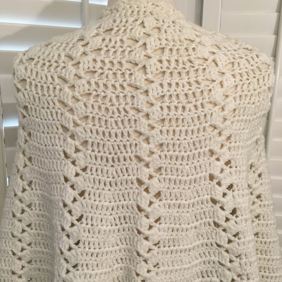 Vintage White Crocheted Long Buttoned Cape Shawl … - image 7