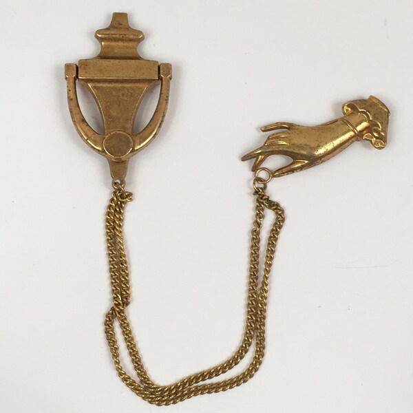 Vintage 1940s Coro Brass Tone Metal Hand And Knocker Chatelaine Sweater Guard Pins