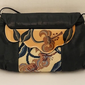 Vintage 1984 Patricia Smith Moon Bag Needlepoint Navy Leather Shoulder Bag