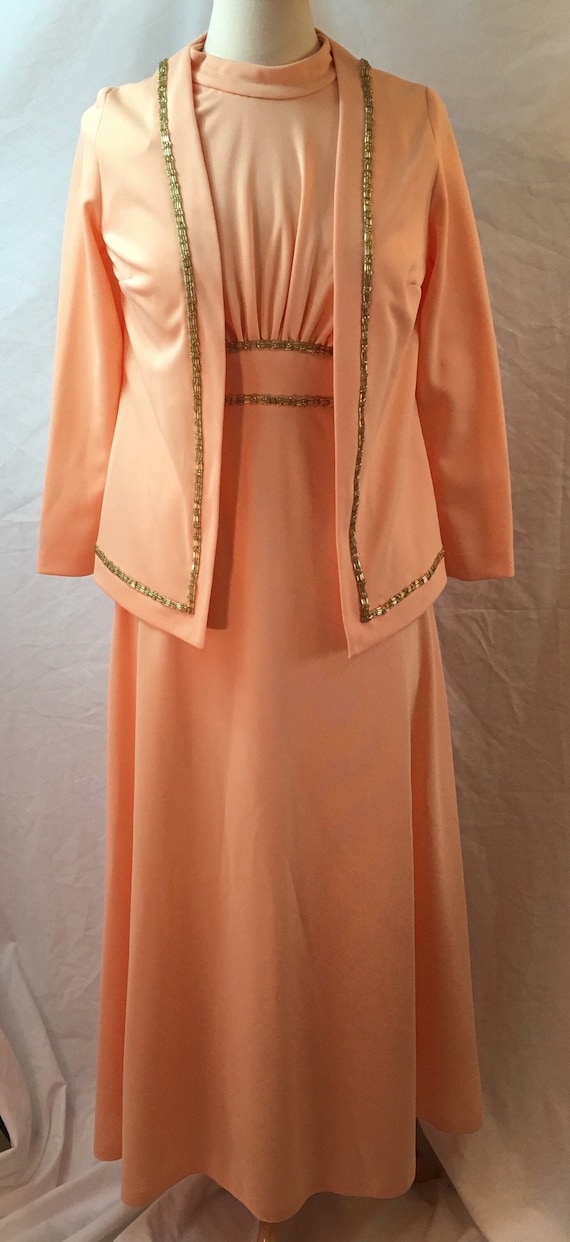 Vintage 1960s Peach Knit Long Evening Dress And J… - image 1