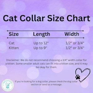 Puede incluir: Una tabla de tallas de collares para gatos con el texto "Cat Collar Size Chart". La tabla enumera tallas para gatos y gatitos, con medidas de longitud de hasta 30,5 cm y 23 cm respectivamente, y anchos de 1,3 cm o 1,9 cm. La imagen tiene un fondo morado.
