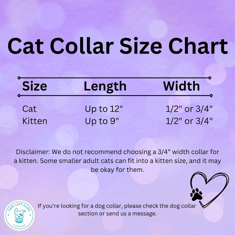 Puede incluir: Una tabla de tallas de collares para gatos con el texto "Cat Collar Size Chart". La tabla enumera tallas para gatos y gatitos, con medidas de longitud de hasta 30,5 cm y 23 cm respectivamente, y anchos de 1,3 cm o 1,9 cm. La imagen tiene un fondo morado.