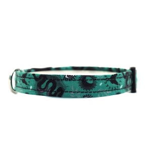 May include: A teal fabric pet collar with a black snake and sun pattern. The collar has a silver metal D-ring and a black plastic buckle. The collar is approximately 0.5 inches wide.