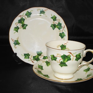 May include: A white teacup and saucer set with a green ivy pattern. The cup and saucer have a gold trim.
