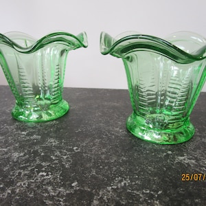 Pair of green glass vintage posy vases