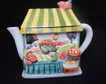 The village novelty tea pot Fruit and veg stall by Annie Row, designed by Annie Rowe