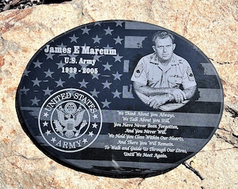 Custom Design Veteran Stone Memorial, Military Soldier Memorial, Personalized Garden Memorial, Original Photos or Artwork Engraved on Stones