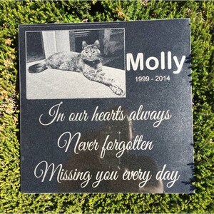 May include: Black granite pet memorial with a photo of a cat, the name "Molly", and the dates "1999 - 2014". The inscription reads "In our hearts always, Never forgotten, Missing you every day."