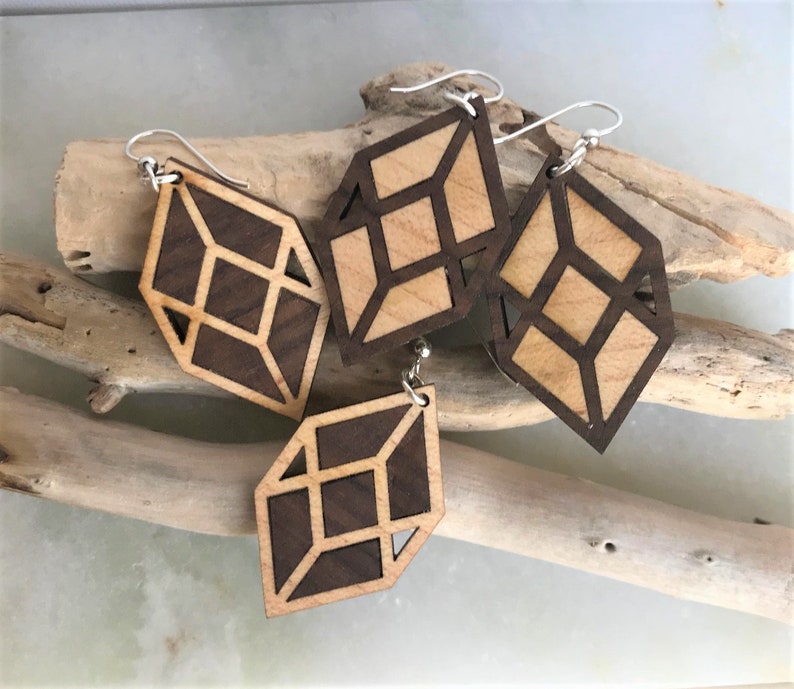 Wood Inlay Diamond Box Earrings Custom Design Contemporary Etsy