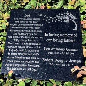 May include: Black granite memorial plaque with a poem about a father and a tree with butterflies in the background. The plaque reads "In loving memory of our loving fathers" and includes the names and dates of birth and death of Leo Anthony Grasso and Robert Douglas Joseph.