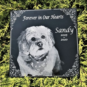 May include: Black granite pet memorial with a white dog wearing a bandana. The text reads "Forever in Our Hearts" and "Sandy 2005 - 2020".