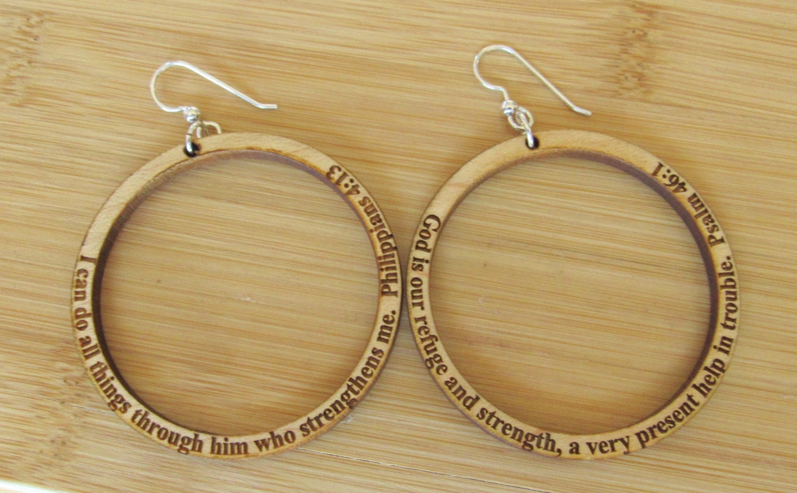 Engraved Inspirational Bible Verse Wood Hoop Earrings Laser Etsy