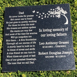 May include: Black granite memorial plaque with a silver inscription honoring two fathers. The inscription includes a poem about a father's love and support, followed by the names and dates of birth and death of Leo Anthony Grasso and Robert Douglas Joseph.