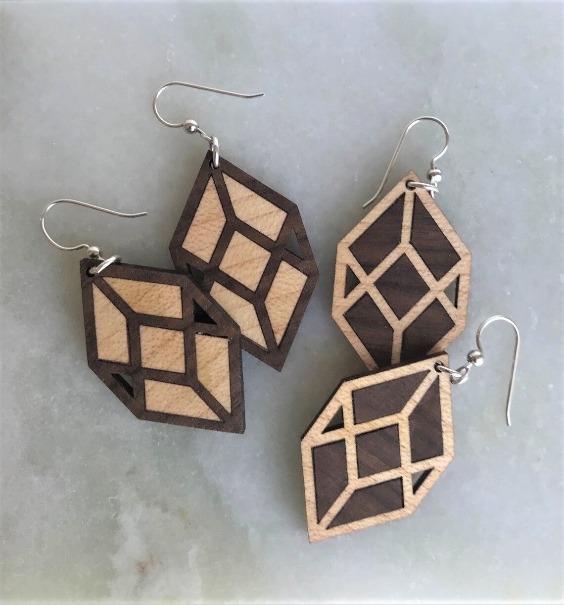 Wood Inlay Diamond Box Earrings Custom Design Contemporary Etsy