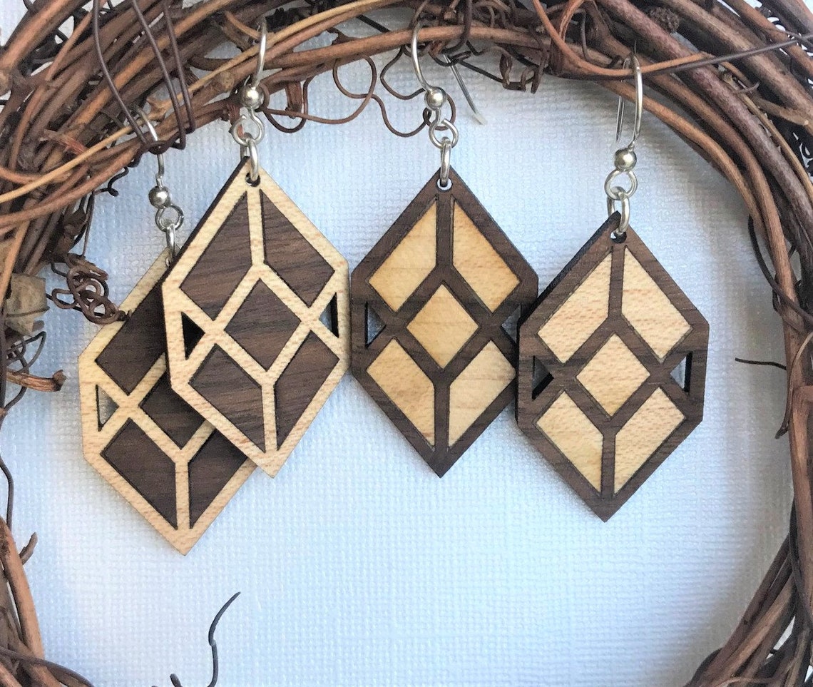 Wood Inlay Diamond Box Earrings Custom Design Contemporary Etsy
