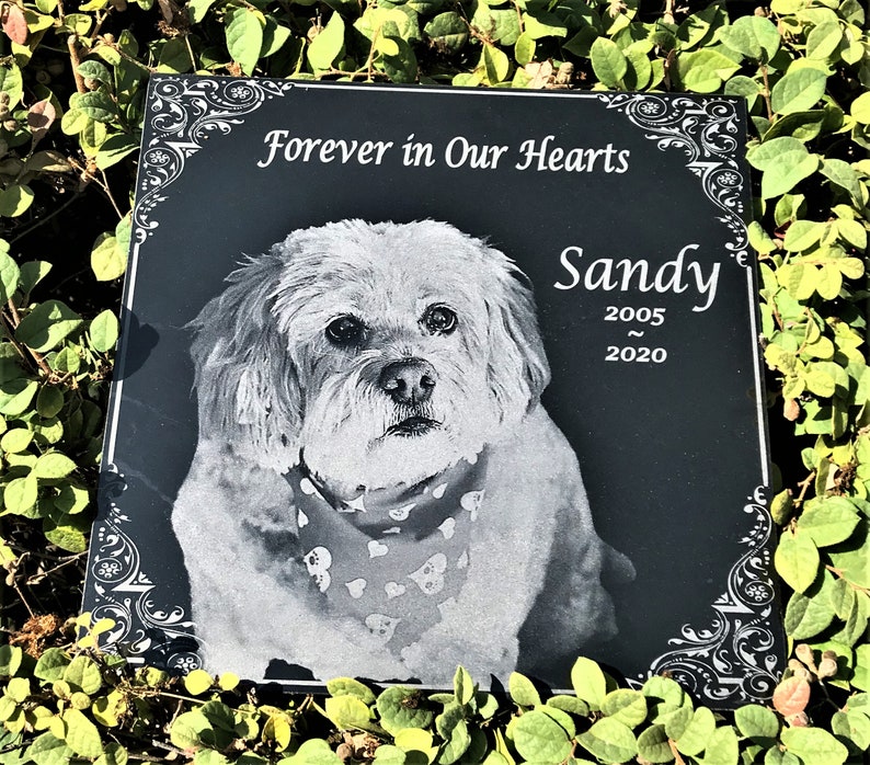 May include: Black granite pet memorial with a white dog portrait, the text "Forever in Our Hearts" and the name "Sandy" with the dates 2005-2020.