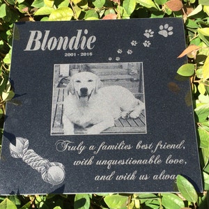 May include: Black granite pet memorial with a photo of a white dog, the name "Blondie" and the dates "2001-2016". The inscription reads "Truly a families best friend, with unquestionable love, and with us alwa".