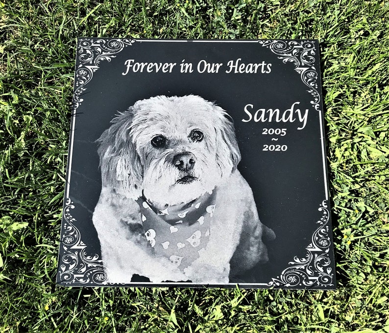 May include: Black granite pet memorial with a white dog etched in the center. The inscription reads "Forever in Our Hearts" and "Sandy 2005 - 2020".