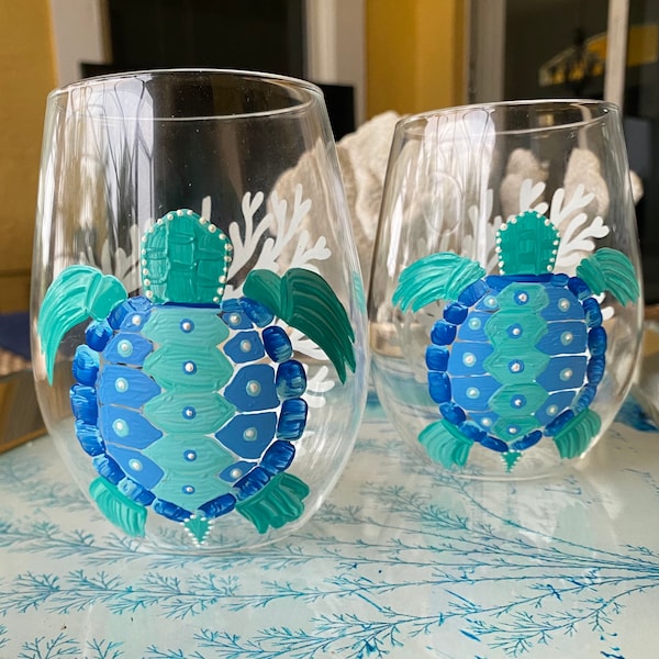 TURTLE Stemless Glasses, Set of 2 Hand Painted Wine Glasses, Sea Turtle Glassware, Beach, Ocean, Summer Theme,Tropical Coastal Glassware