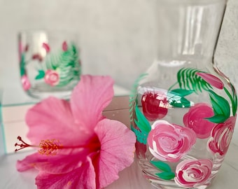 Pink Flowers Bedside Water Carafe Set, Hand Painted Glass Carafe with Tumbler for Bedroom Nightstand or Office Desk, Mother’s Day, Birthday