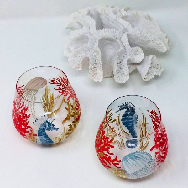 Ocean Hand Painted Wine Glasses, Set of 2 Stemless Glassware, Sea Coral, Seahorse, Jelly Fish, Coastal Glasses, Beach House Decor.