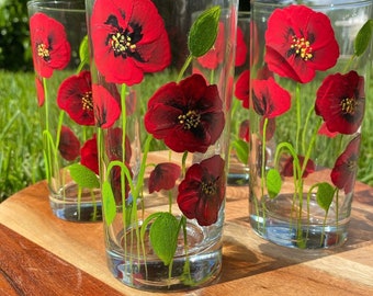 Poppies Glassware, Set of 2  Hand Painted California Poppies,  Highball Drinking  Glasses, Symbol of Rememberance, Wildflower, Mother’s Day