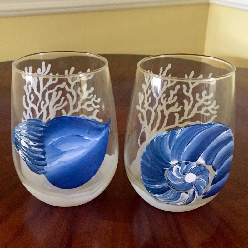 Shells Stemless GlassesHand Painted Wine Glasses Beach Etsy