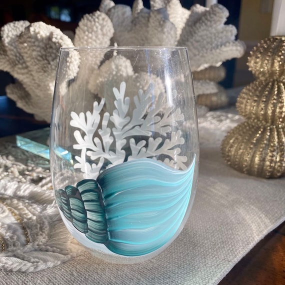 2 Hand-Painted Chic Blue Shell Wine Glasses 