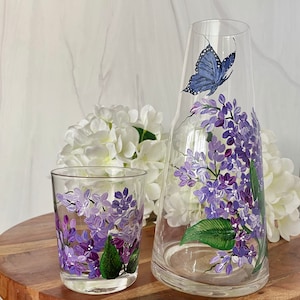 Lilac Bedside Carafe Set with Tumbler, Lilac Hand Painted Carafe 2 Piece Set, Hand Painted Nightstand Desk Carafe, Spring Decor