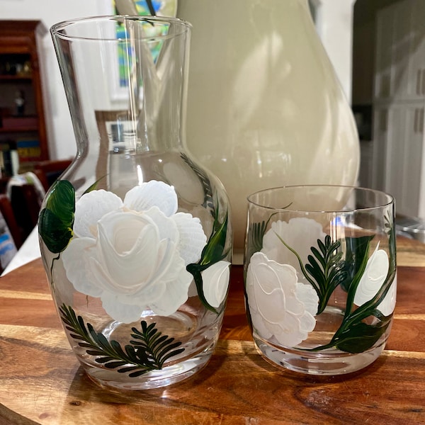 Hand Painted Bedside Water Carafe Set, White Roses Glass Carafe and Tumbler Set for Bedroom. Nightstand or Office Desk, Mother’s Day Gift