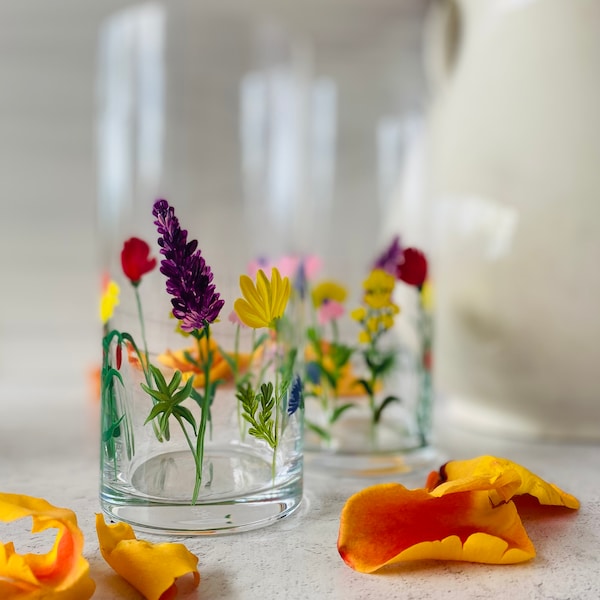 Wildflowers Hand Painted Glassware, Set of 2 Glasses, Mixed Flowers, Wild Meadow Glass, Garden Lover Gift, Mother’s Day