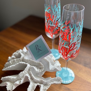 Sea Coral Hand Painted Flutes, Set of 2 Sea Coral Champagne Glasses, Coral and Acqua Glassware,  Bridal Gift, Beach Decor, Coastal Theme