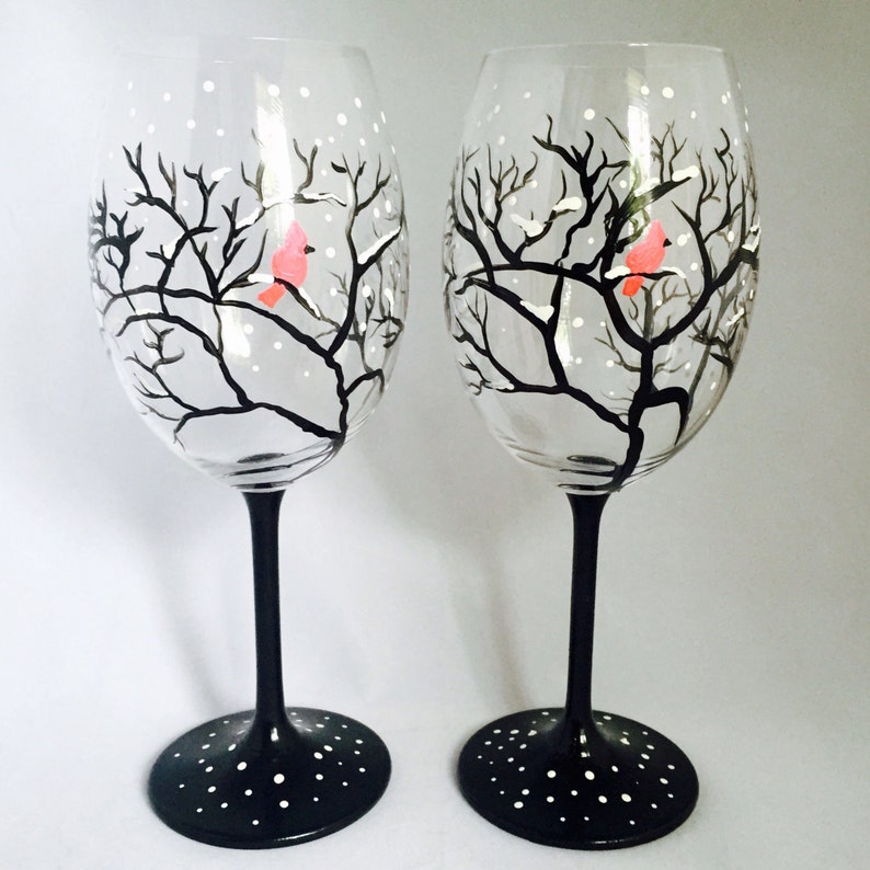 CHRISTMAS CARDINAL TREE Glasses Hand Painted Wine Glasses Etsy