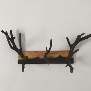 May include: A wooden wall-mounted coat rack with three branches painted black and red. The branches are attached to a wooden board with a dark brown stain and a light brown wood grain.