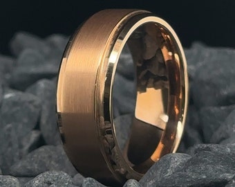 8mm Beveled Edge Rose Gold Tungsten Wedding Band - Men's Tungsten Ring