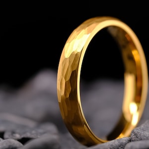 4mm Hammered Yellow Gold Tungsten Band - Men&#39;s and Women&#39;s Wedding Rings